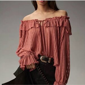 Anthropologie Off-Shoulder Ruffle Blouse XS | Dusty Rose Boho Top NWT